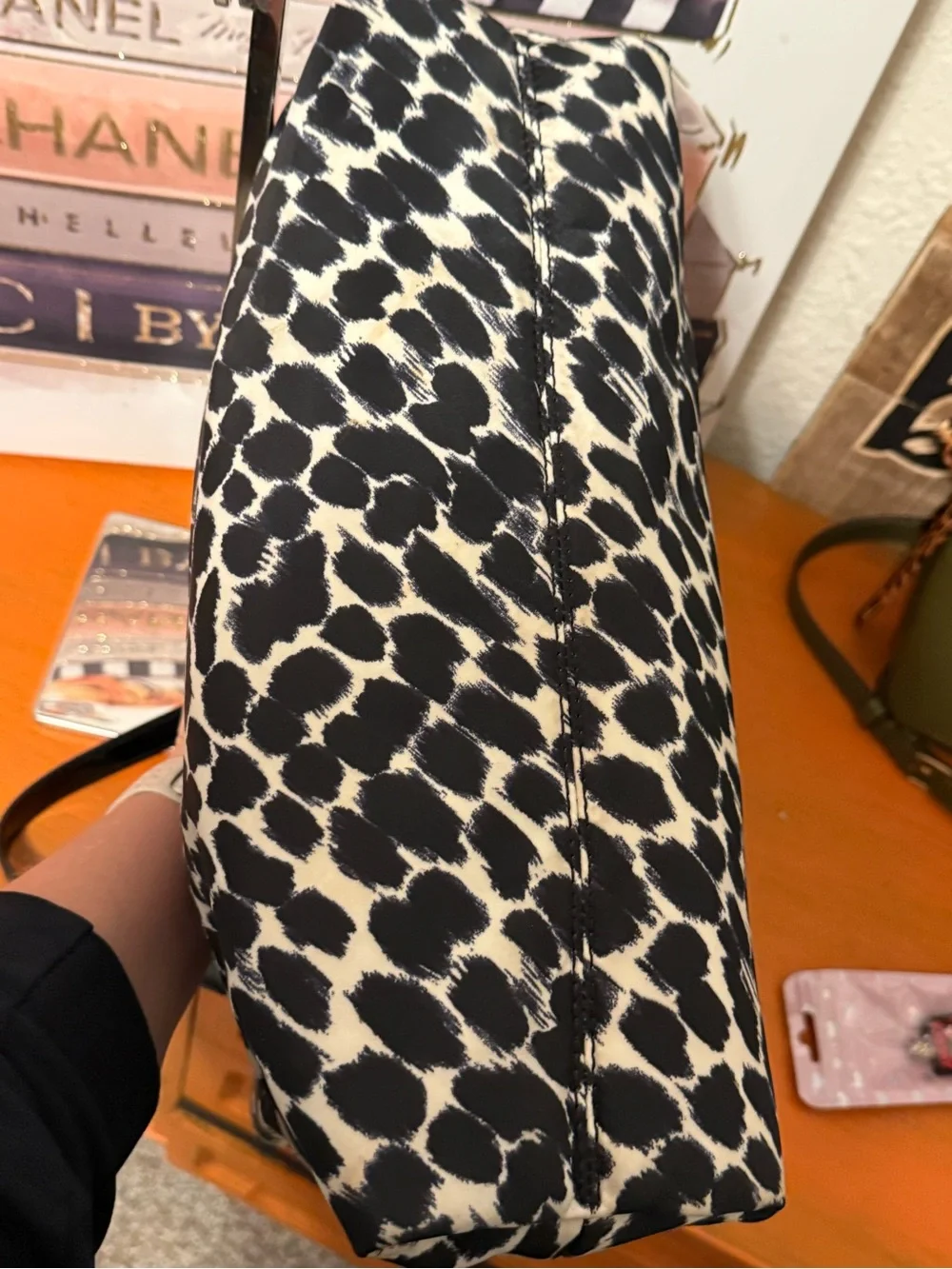 kate spade Black and White Leopard Print Shoulder Bag with Gold Chain Handles